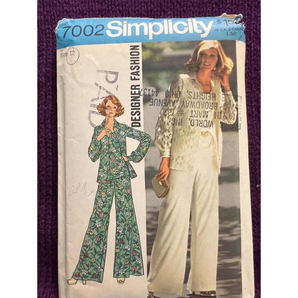 Simplicity 7002 Sewing pattern Wide leg pant top blouse 1970s size 12